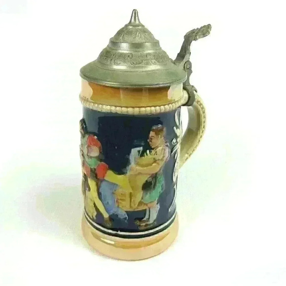 Vintage Beer Stein Pottery Bar Scene Pewter Lid 1921-50s West Germany 0.25 Liter - Picture 4 of 12